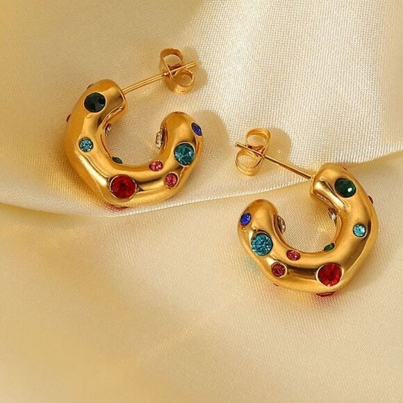 Gold Multicolor Hoop Earrings A977 - Picture 1 of 3